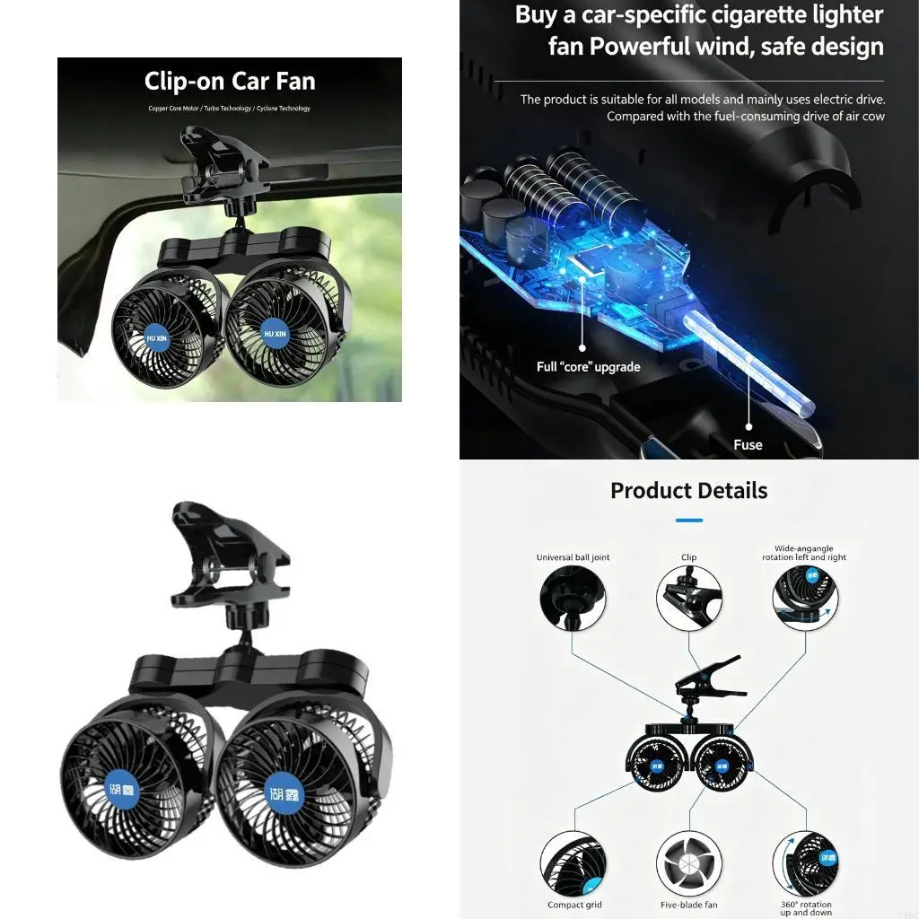 Clip On Double Fan For Car Windshield Efficient Airflows Long Drives 4 Inch 12V Cooling System With Smooth Speed Control New