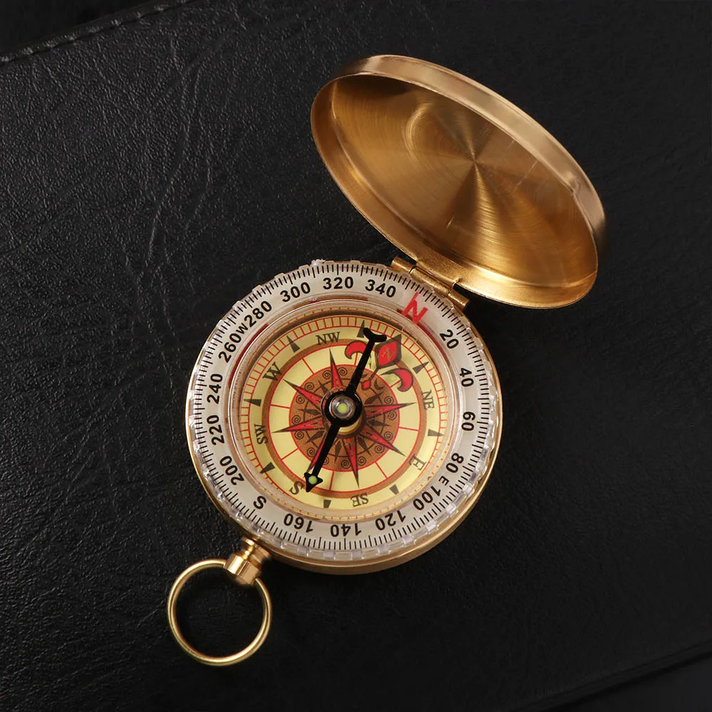 Brass Material Portable Pocket Compass Gold Color Copper Outdoor Compass Flip Cover Luminous Display Camping Compass