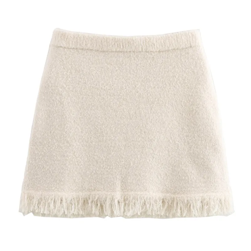 Set di gonne corte maglione lavorato a maglia morbido beige autunno inverno giacca con fiocco in rete dolce + gonna sottile con nappe abiti da donna di moda