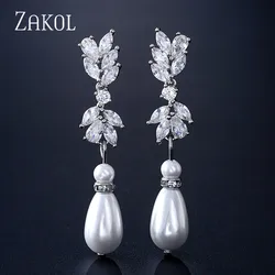 ZAKOL Fashion White Color Leaf Shape Zirconia Pearl Water Drop Crystal Dangle Earrings for Bridal Wedding Jewelry EP2340