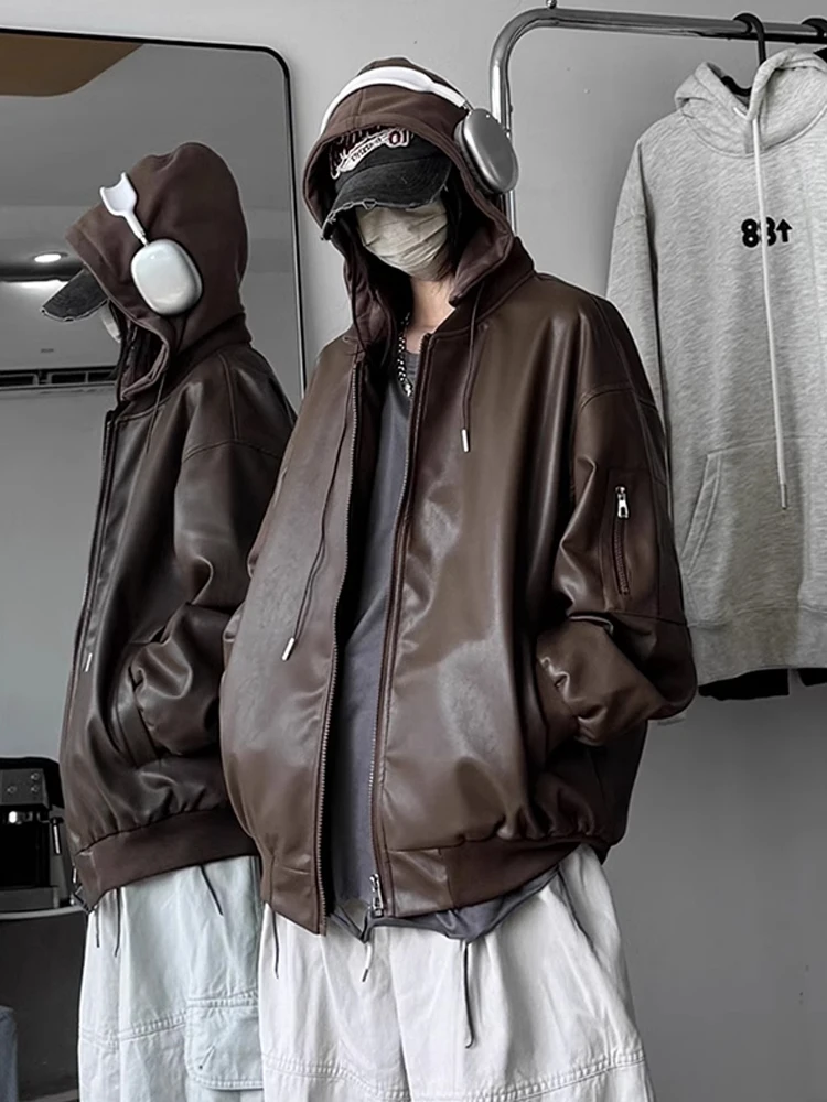 

Куртка Cé Brown из искусственной кожи со съемным капюшоном, мужская, весенне-осенняя, в американском уличном стиле, мотоциклетная, молодежная, модная