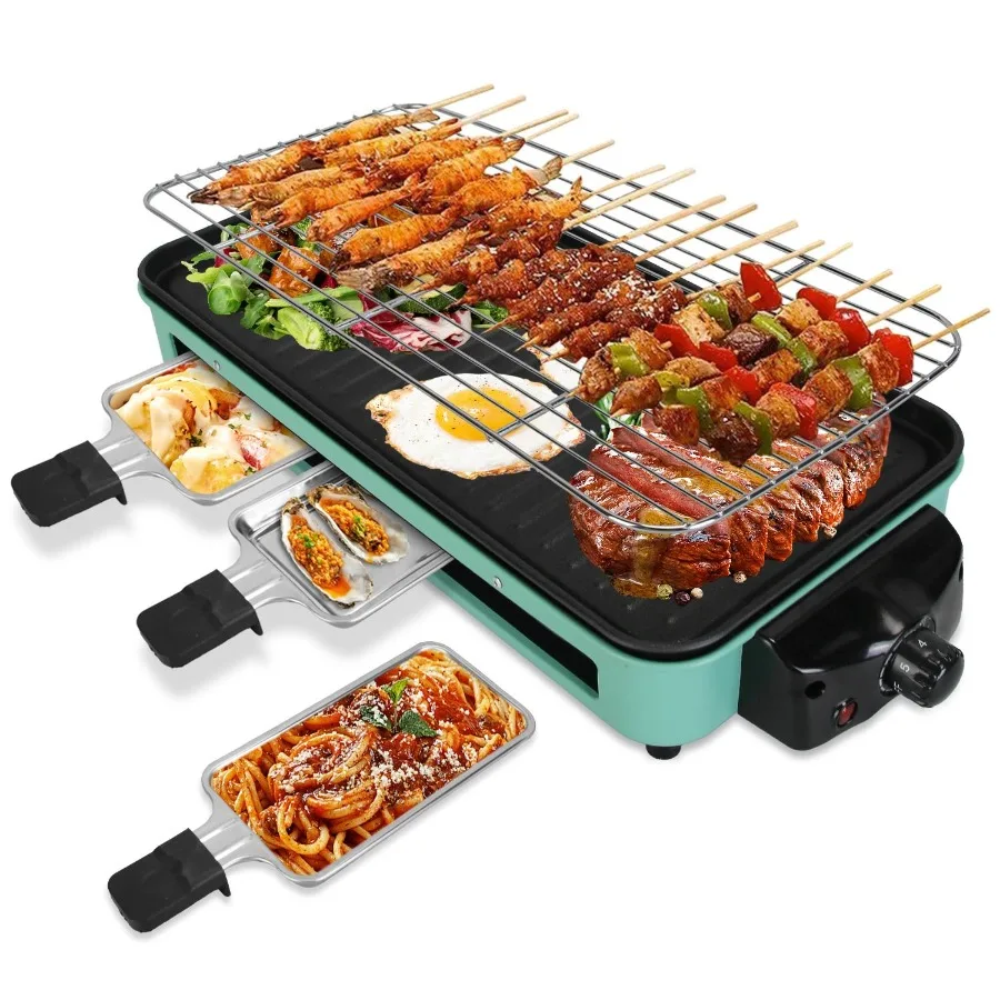 

2000W Electric Indoor Grill 2 in 1 Electric BBQ Gill with Grill Net Removable Plate 5 Temperature Control 3 Small Trays Dishwas
