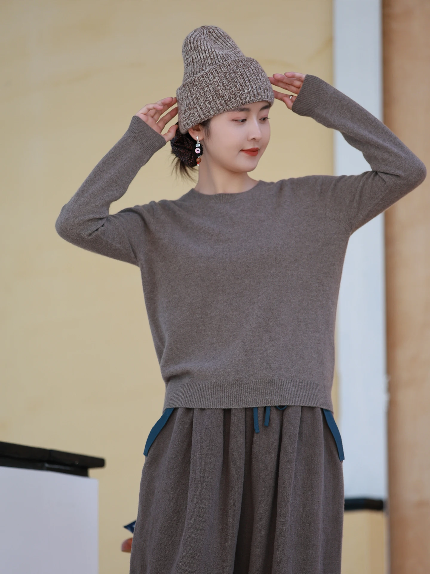 

Original Pure Camere Sweater Autumn Winter Commute Sle Camel round Ne Loose Fit Artistic Women's Knitwear Casual Trendy