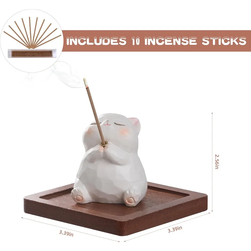 حامل بخور للعصي مع الموقد وصائد الرماد - قطة راتينج، صينية خشبية، 10 أعواد بخور للتأمل واليوجا والمنتجعات الصحية اللطيفة