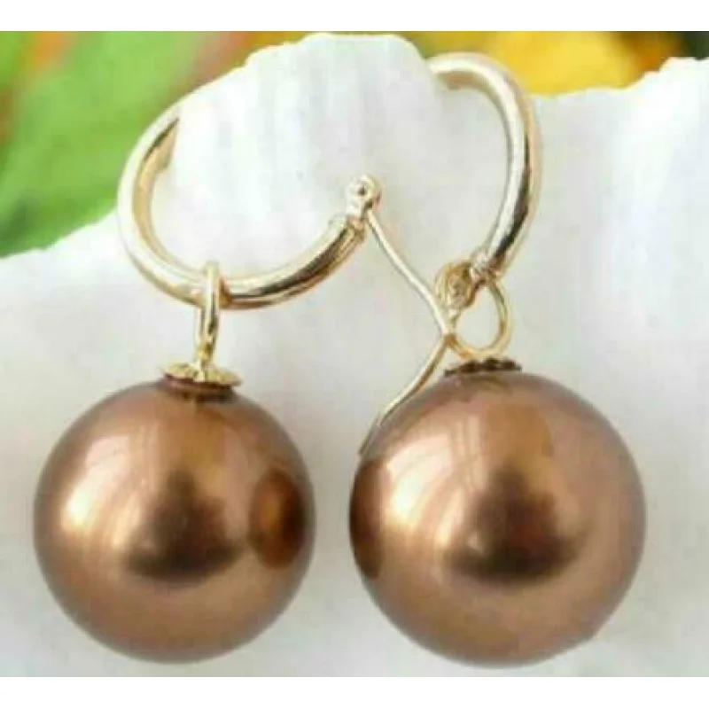 HUGE AAA 16mm natural  south sea Chocolate  shell pearl earrings 14K Yellow gold