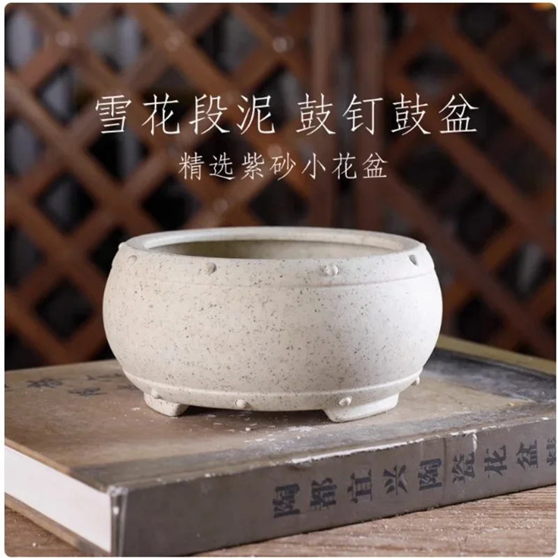 Ceramic Purple Sand Small Bonsai Pot,Drum Shape,Nature Clay,Table Decoration,Green Plant