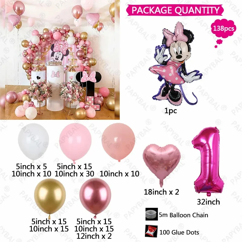 138pcs Disney Minnie Mouse Theme Party Balloon Arch Garland Kit Kids Girls 1-9th Birthday Party Decorations Baby Shower Globos