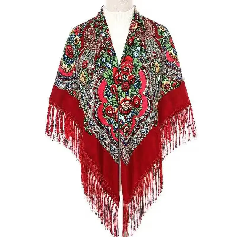 130*130cm Russian Style Floral Print Square Scarf Big Size Bandana Handkerchief Ukrainian Scarves Fringed Shawl Babushka Hijab