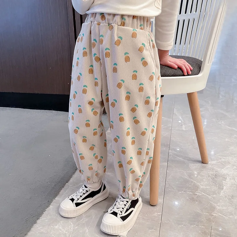 

2025 New Girls' Spring Autumn Loose Corduroy Harem Pants with Printed Design, Trendy Ankle-Fitting Kids' Pants for Medium
