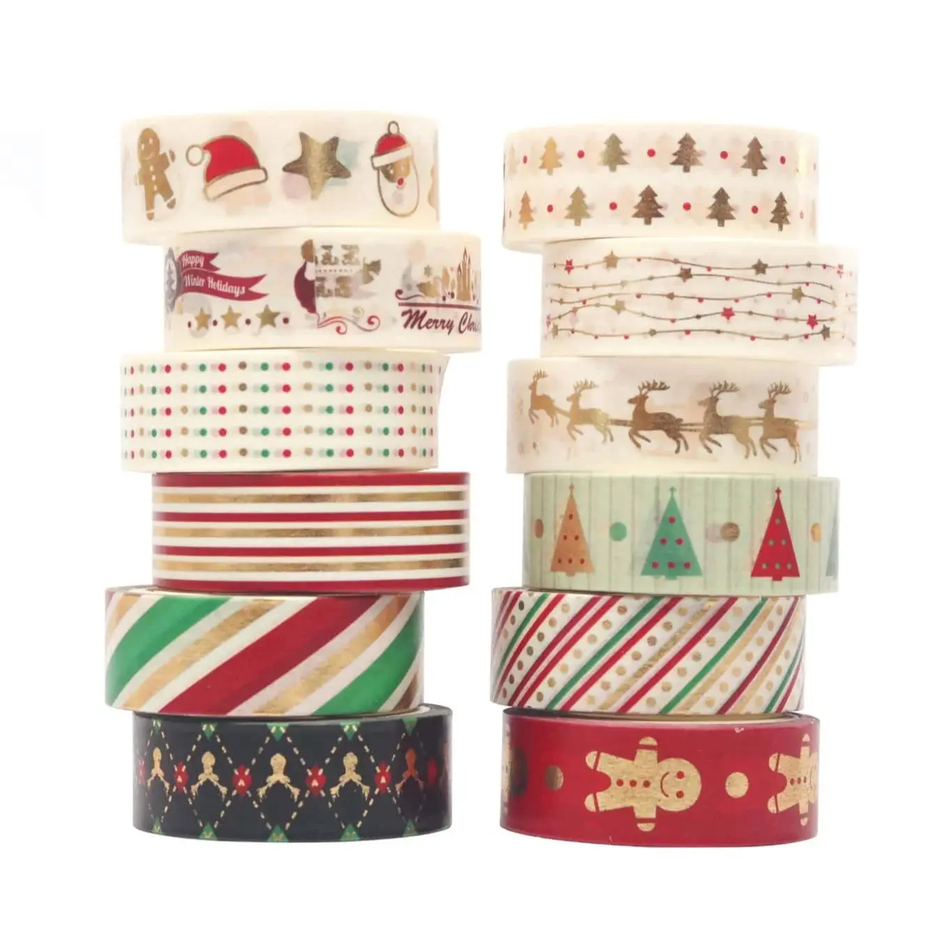 12 Rolls/Box Christmas Patterned Washi Tape, with Gold Stamping, Suitable for Party Cards, Scrapbook Decoration Materials