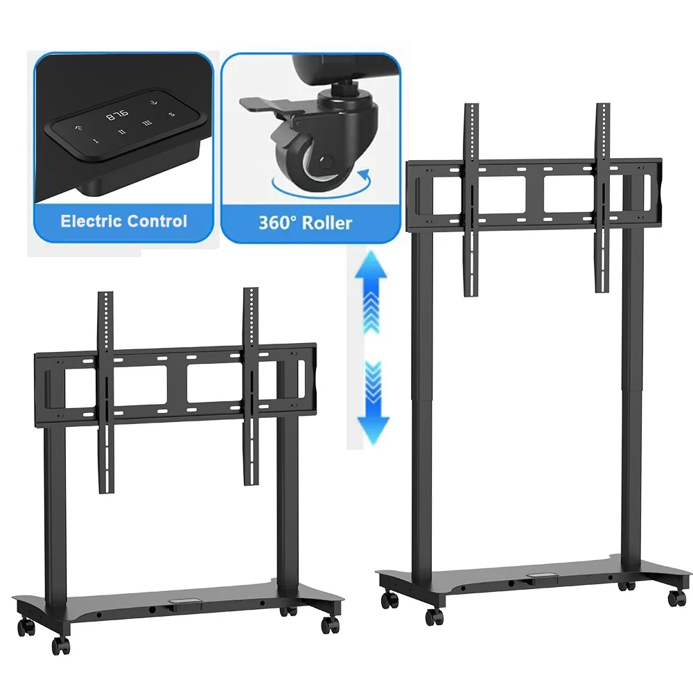 Modern Remote Control Motorized TV Mounts Electric Height Adjustable Mobile TV Cart Rolling TV Lift Cabinet Floor Stand
