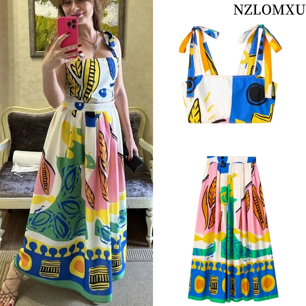 Printed Long Skirts For Women Fashion 2023 Pleated Midi Skirt Woman High Waist Skirt Sets Streetwear Summer Beach Skirt