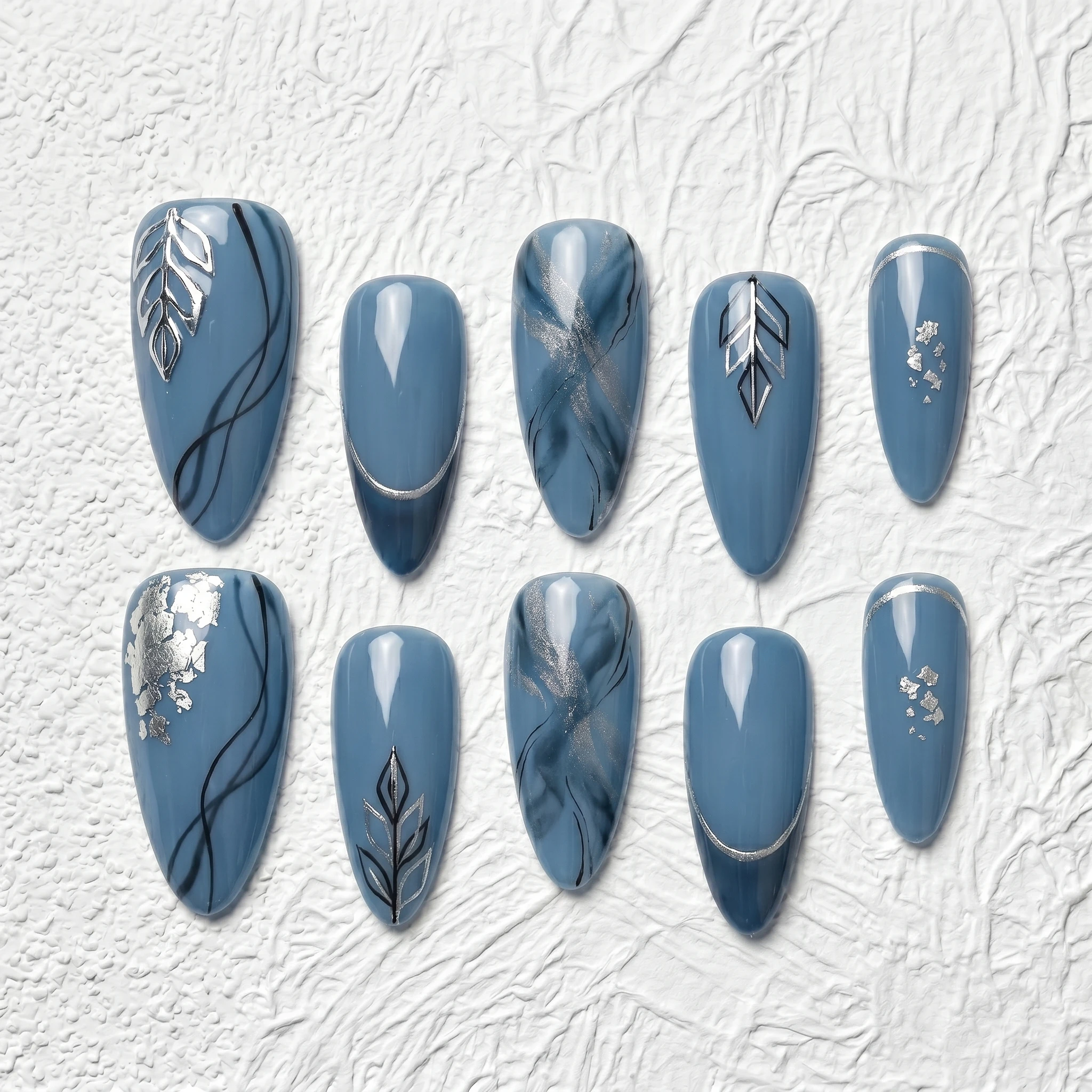 Artisan Handcrafted 10PCS Elegant Almond Press-On Nails | Blue Metallic, Silver Leaves, Black Veining, Party & Date Night