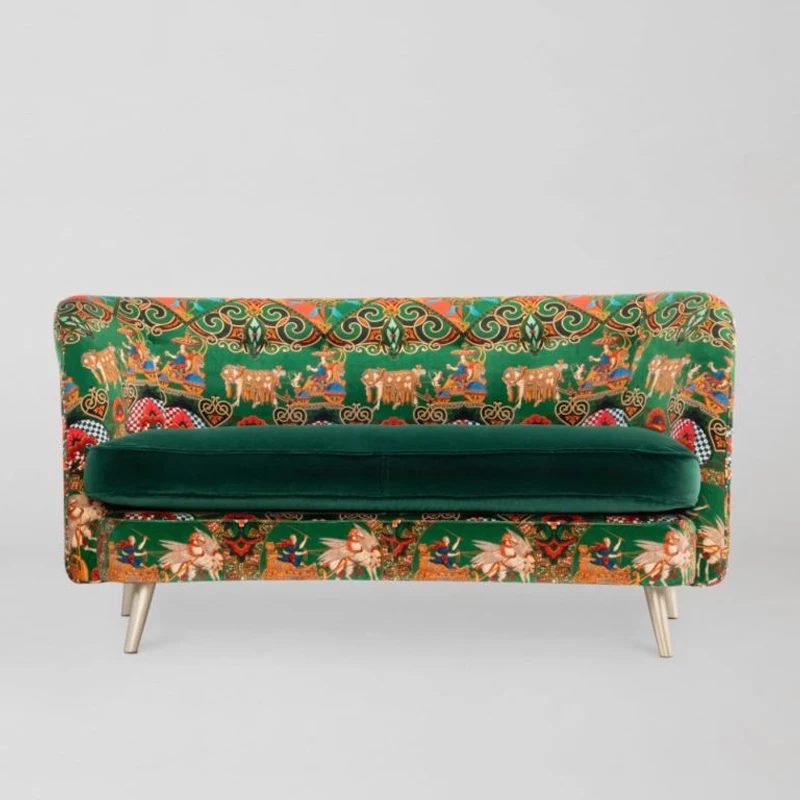 American retro printed velvet double sofa French idyllic green versatile living room furniture triple high backrest