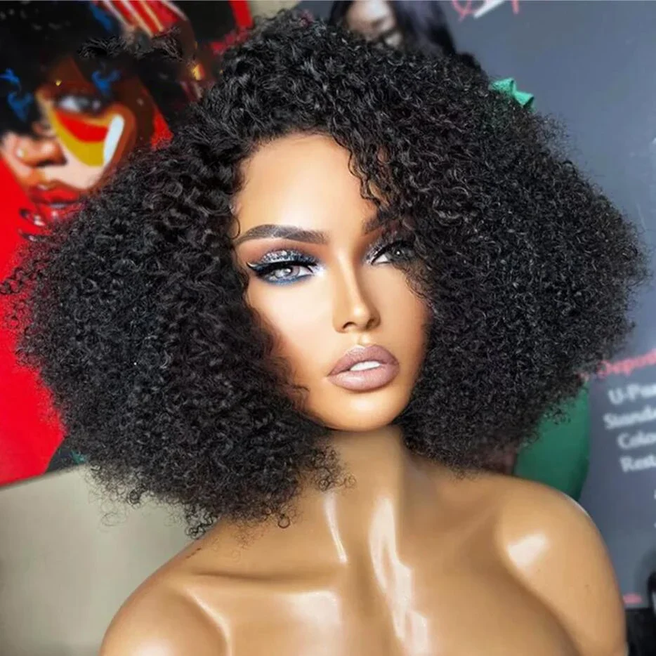 

Short Bob Soft 180 Density Black PrePlucked 16 inch Kinky Curly Lace Front Wigs For African Women Babyhair Deep Glueless Daily