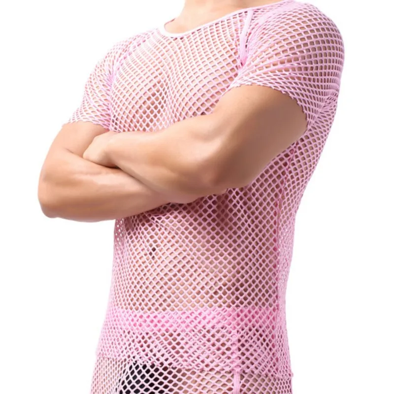 Mens Fishnet Undershirt Sheer Mesh Top Sexy See Through Lingerie Open Knit Shirt for Men Sultry Transparent T-Shirt Inner Wear