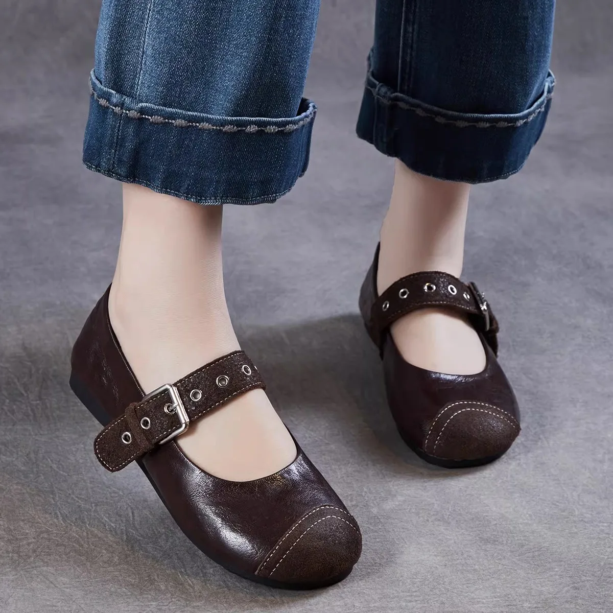 

Vintage Soft Bottom Mary Jane Shoes Women's New Style Buckle Strap Leather Shoes Fashionable Flat Heel round Toe Spring Autumn