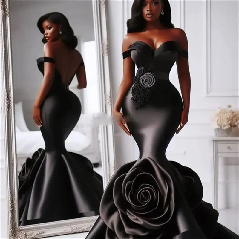 Gorgeous Floral Prom Dresses Blossom Off Shoulder Appliques Formal Gowns Backless Mermaid Long Floral Evening Dress Satin