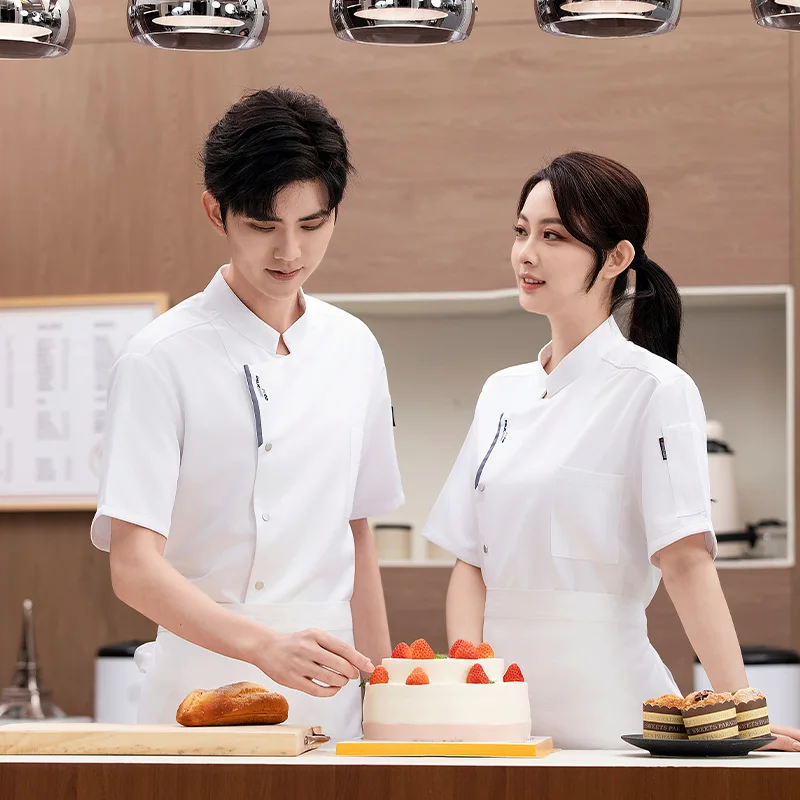 Manteau de Chef de cuisine de Restaurant, vêtements de travail noirs, veste de Chef en maille respirante à manches courtes, uniforme de chef avec tablier, accessoires pour hommes