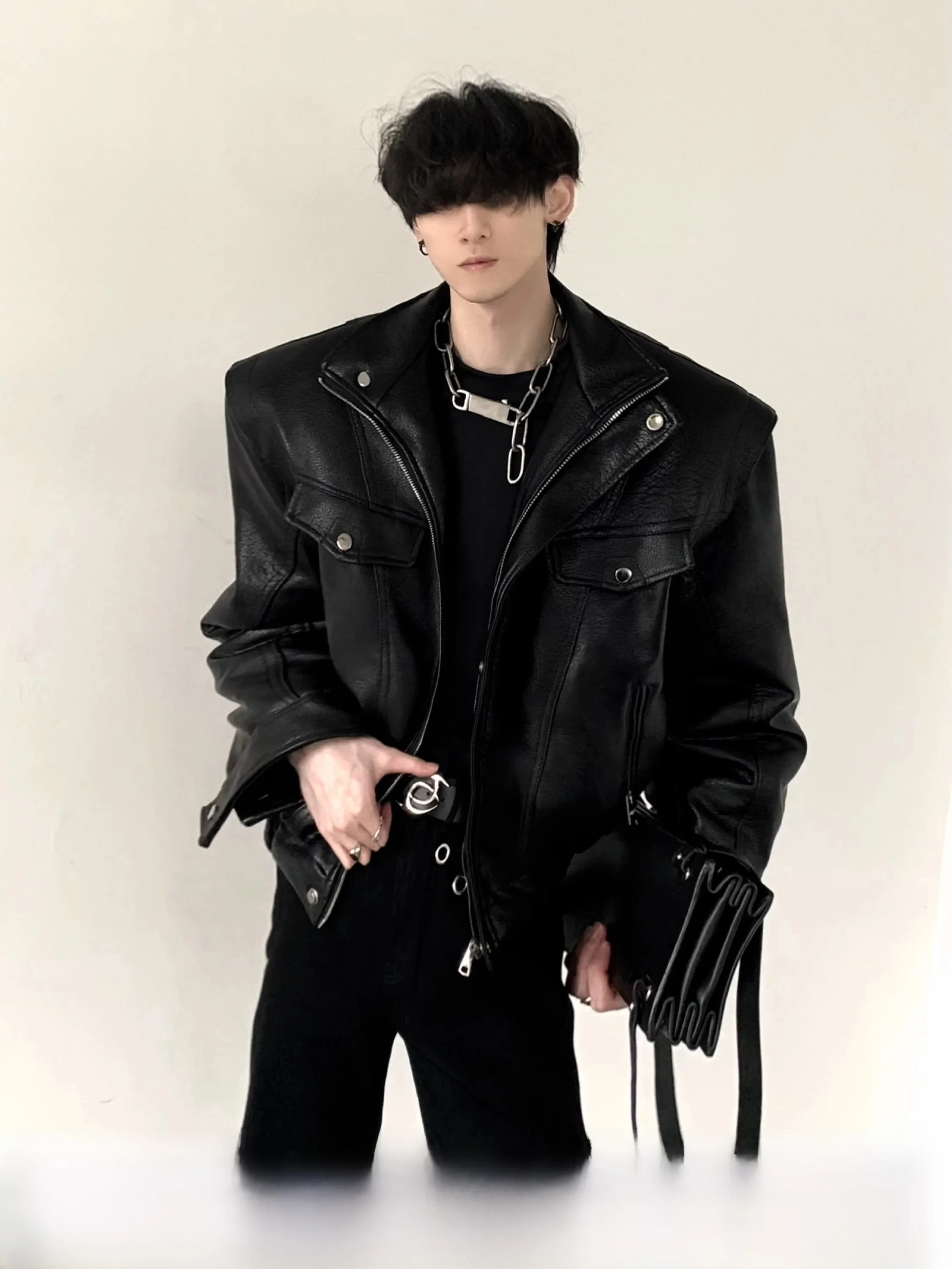Black Biker Leather Jacket Men's Thickened Winter Coat Punk Style Loose Fit Metal Decorations Long Sleeve Short Length Zipper...