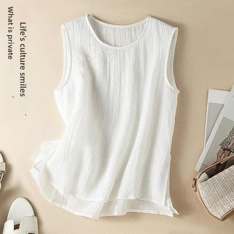 

Двухслойная летняя новая простая футболка с текстурой хлопка и льна, круглая, Ne White irt, повседневная футболка для поездок на работу, ...