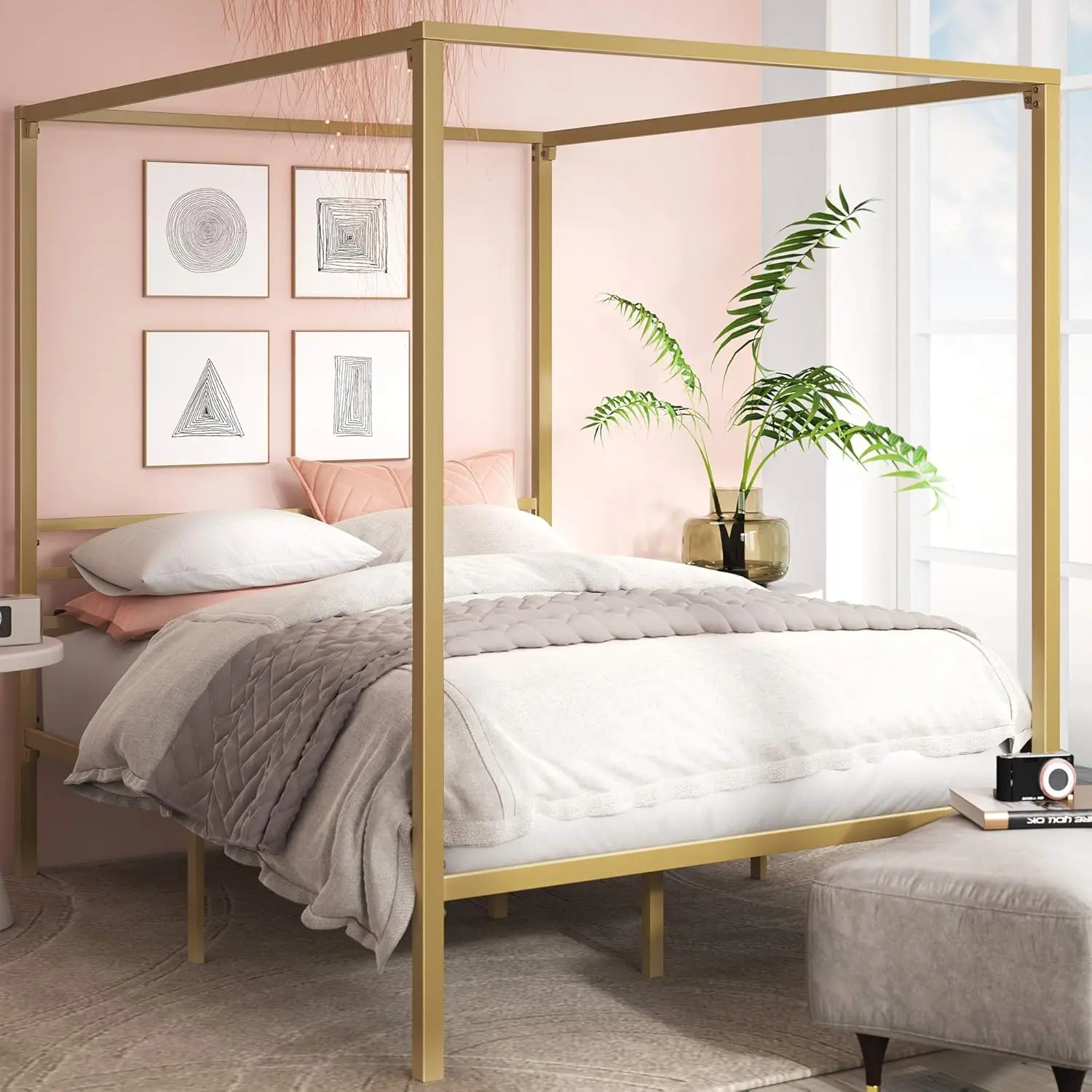 Zinus Patricia Gold Metal Canopy Platform Bed Frame, Mattress Foundation With Steel Slat Support, No Box Spring Needed, Easy