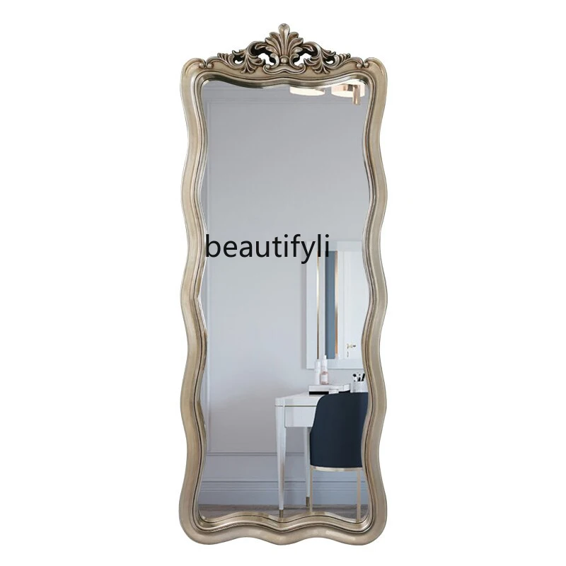 European-Style Full-Length Mirror Retro Wave-Shaped Carved Floor Mirror Custom Size Dressing Mirror