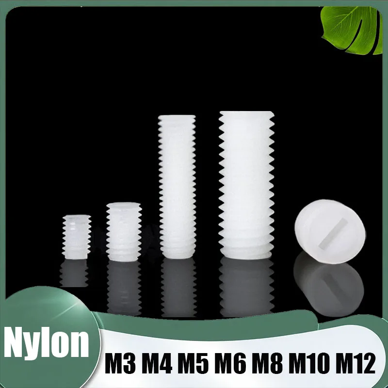 5-50Pcs Plastic White Nylon Set Screws M3 M4 M5 M6 M8 M10 M12 Slotted Screw Flat-Tip Headless Metric Thread Length 4mm-50mm