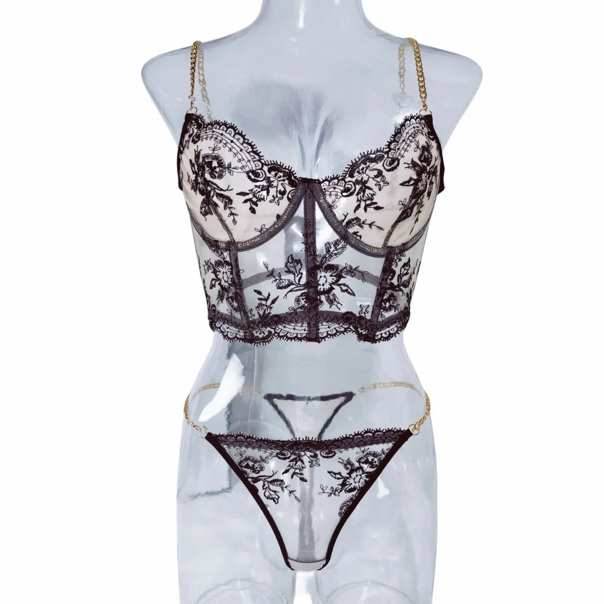 Kagano Cross-Border New Metal Chain Strap Steel Ring Me Bra Women's G-String Underwear Low Waist ort Pants Polyester