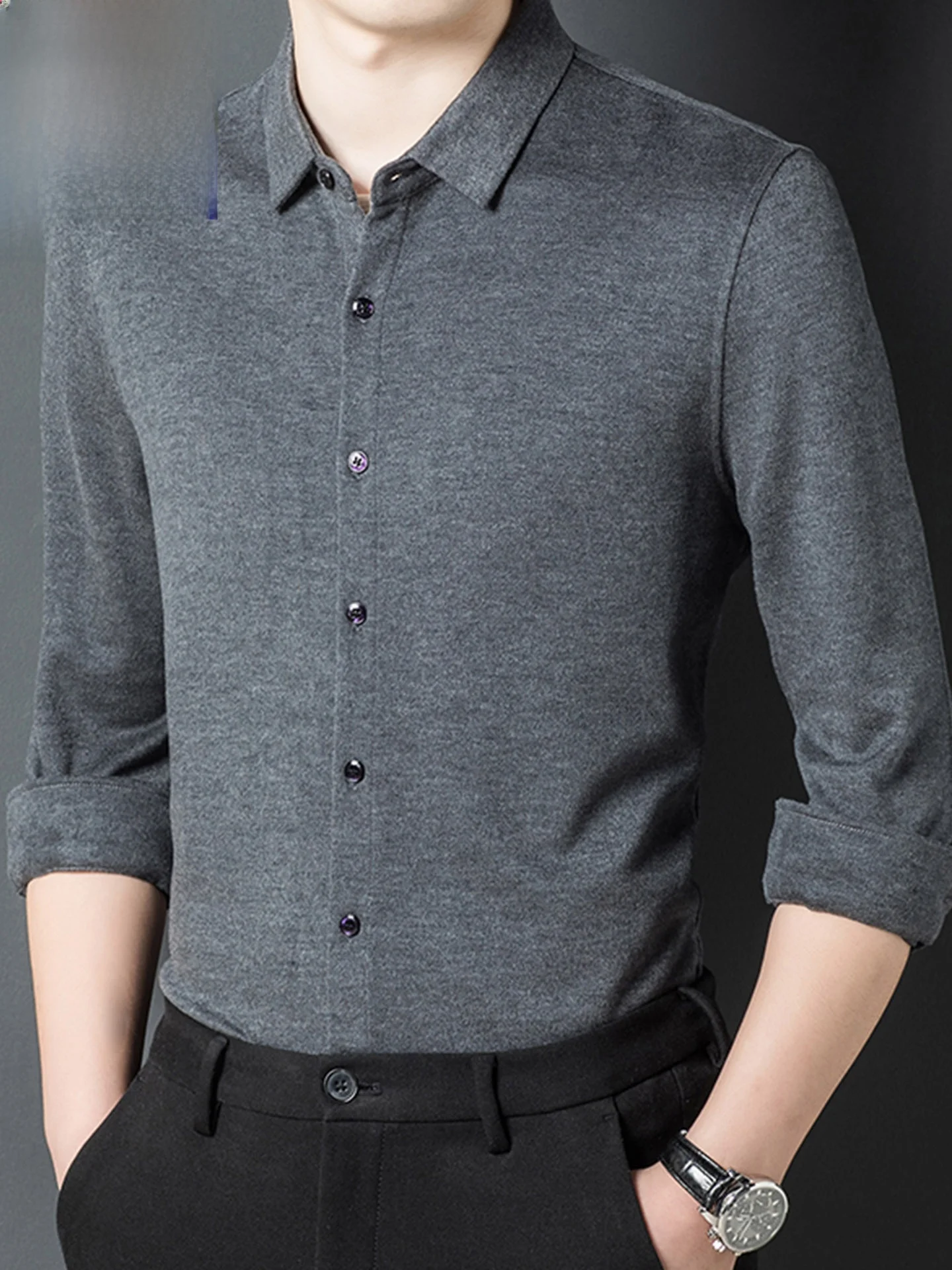 

Утепленная мужская шерстяная рубашка с длинным рукавом, повседневная, зимняя, деловая, для среднего возраста, с начесом, приталенного кроя, на пуговицах