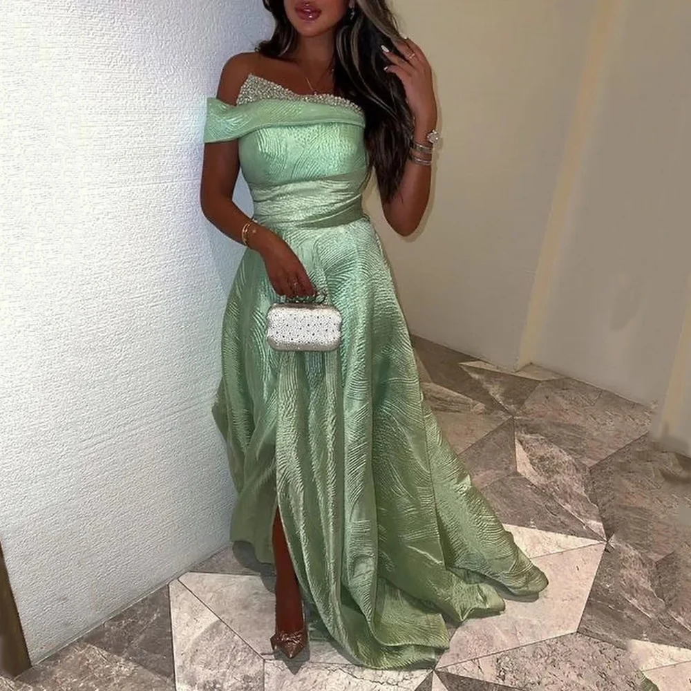 Customized Strapless A-line Prom Dresses One-Shoulder front Middle-slit long Dress Ankle Length Sweep Train Formal Party Gown