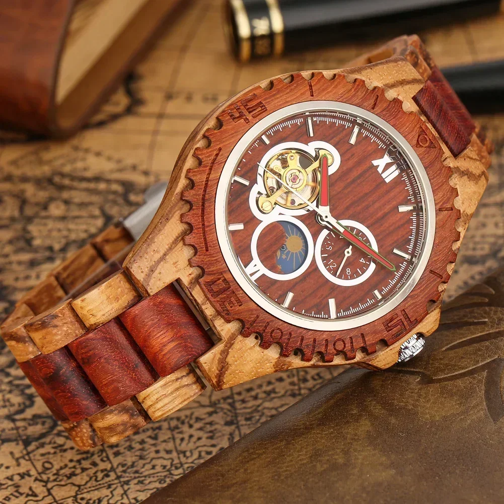 

Wooden Automatic Men Watch Full Wooden Bracelet Wristwatch Folding Clasp Watchband Stylish Mechanical Self-Winding Male Watches