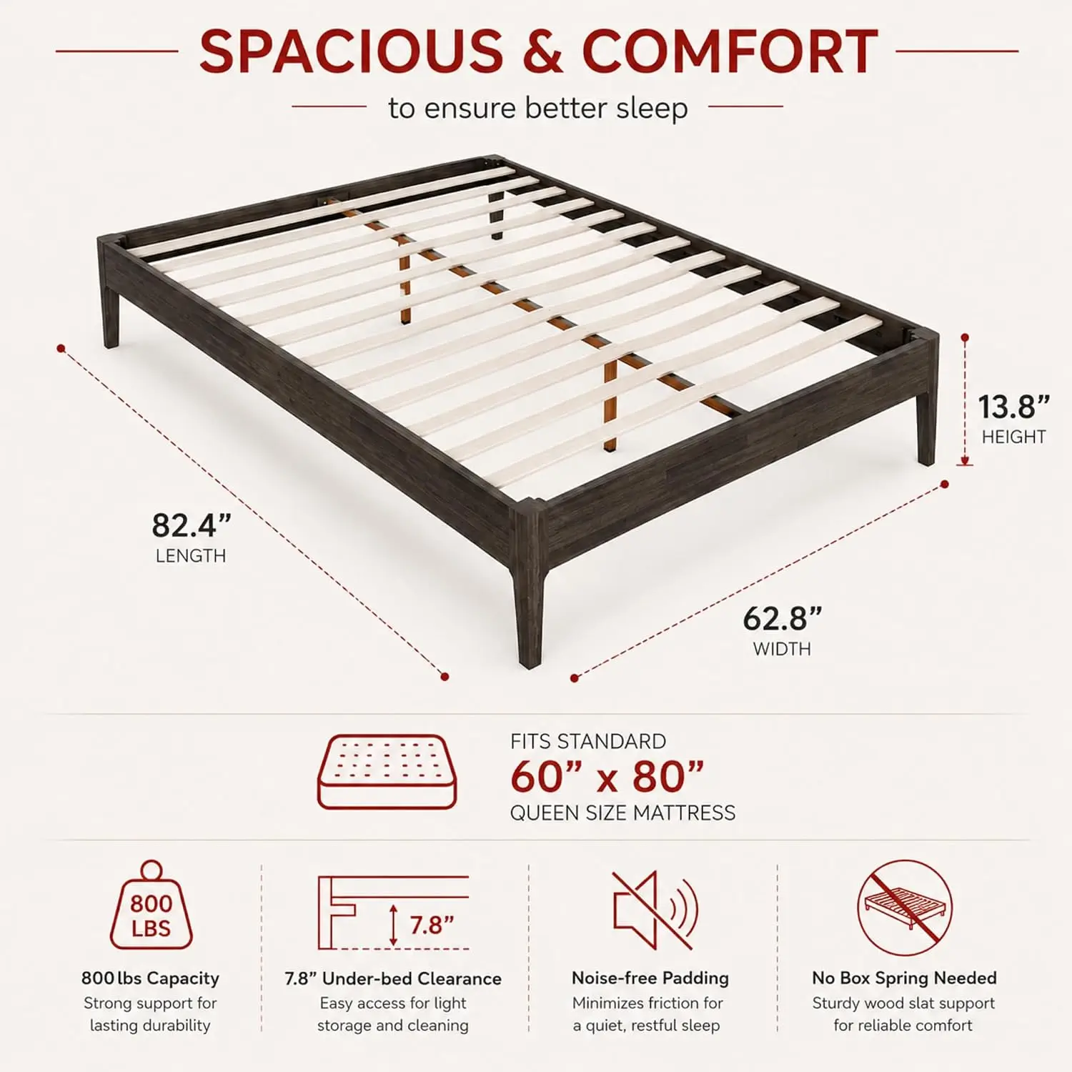 Camila Luxury Acacia Wood Bed Frame – Heavy Duty Queen Platform, Wooden Slats, No Box Spring Needed, Modern Design,, Customized