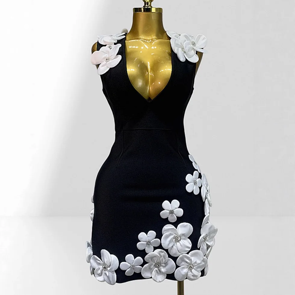 3D Flower Sexy V-neck Low-cut Sleeveless A-line Dress Sweet Temperament Party Stage Performance Bandage Dress Abiti Da Cerimonia