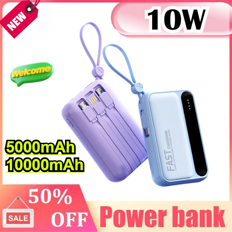 

5000mAh/10000mAh Power Bank Fast Charging Large Capacity Charger With 4 Cable External Battery