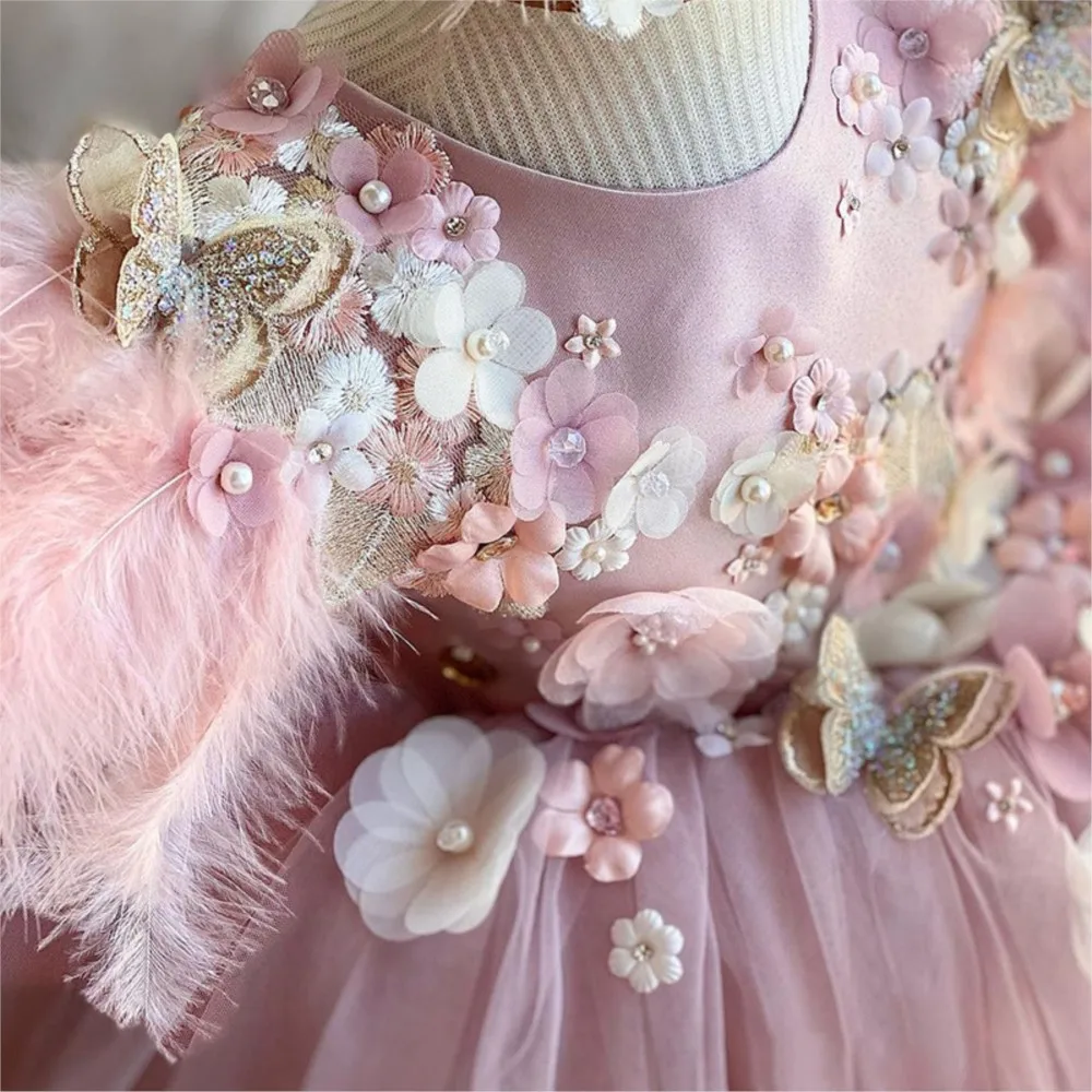 Children's Feather Lolita Girls' Party Lolita flower Wedding Fluffy Gauze pink formal dress