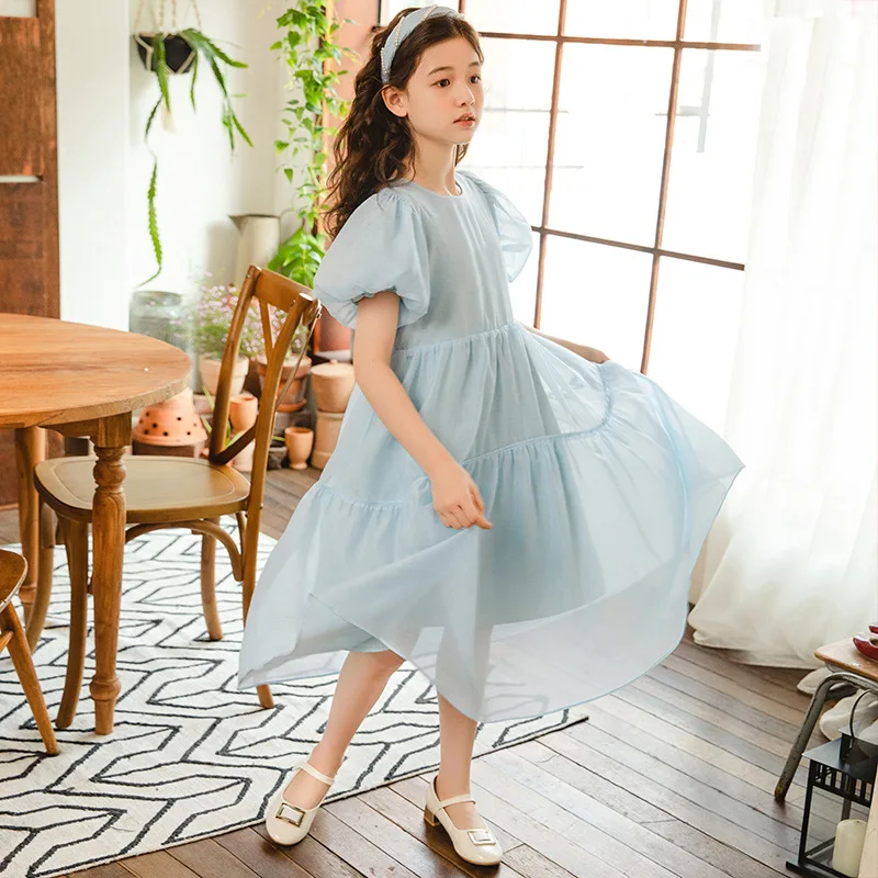 Girls Light Blue Tiered Dress Puff Sleeve Round Neck Chiffon A-Line Dress for Kids Summer Casual Vacation Party Princess Dresses