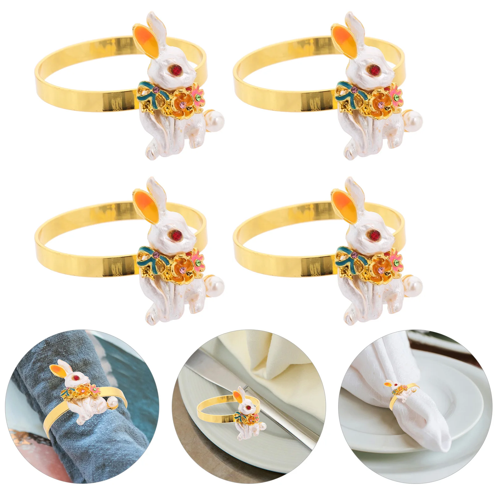 

4Pcs Cute Easter Bunny Napkin Rings Pearl Rabbit Buckle for Holiday Dining Table Decor