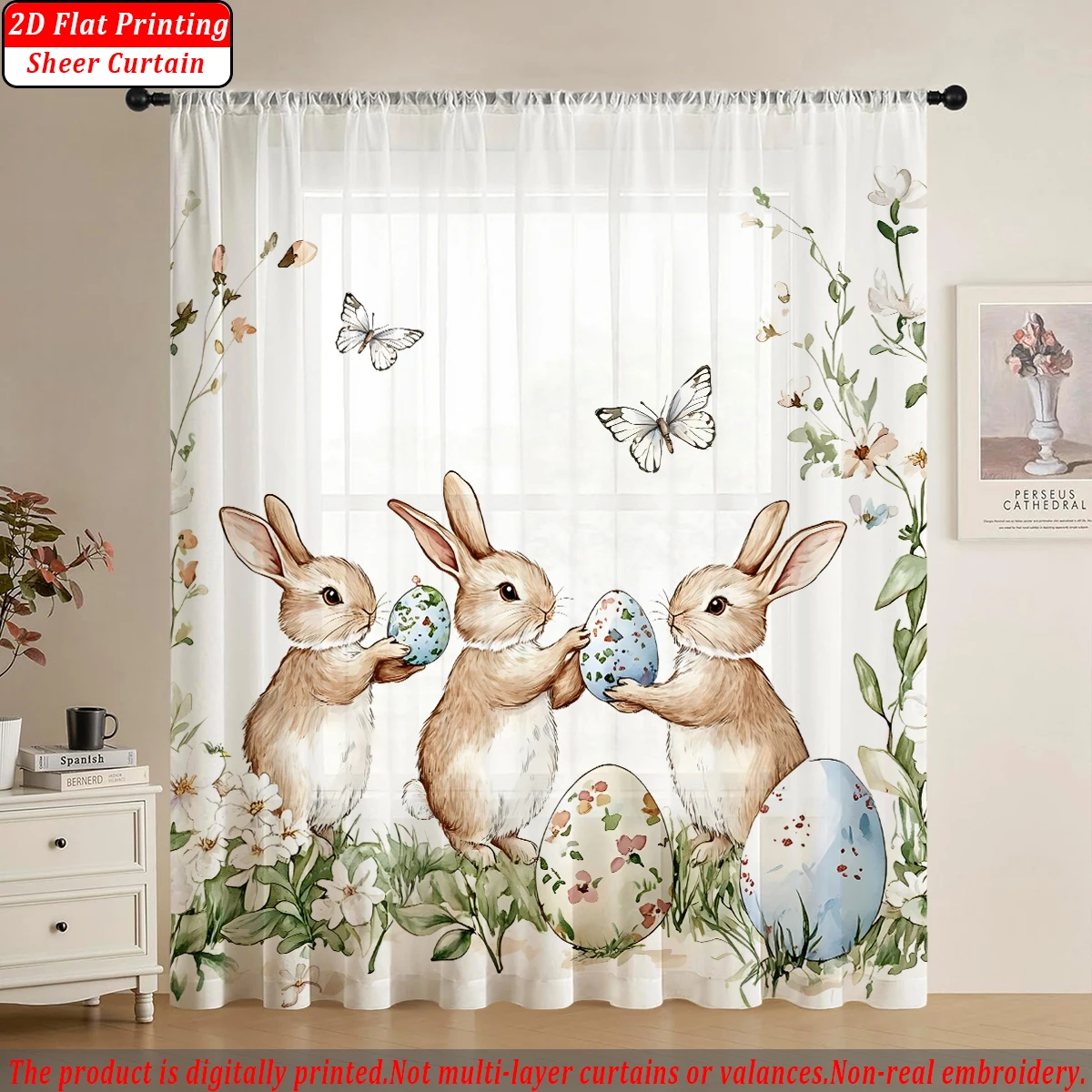 Transparenter Vorhang mit Kaninchen-Osterei-Schmetterling, flach bedruckt, heller Stoff, für Wohnzimmer, Schlafzimmer, Zuhause, Tür und Fensterdekoration