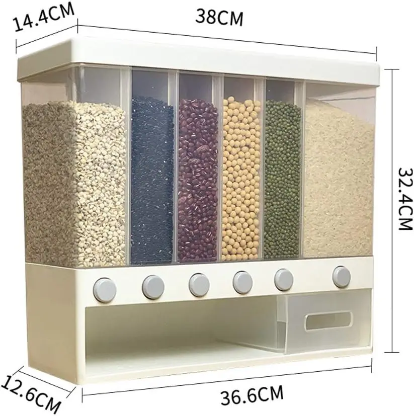 WAQIA  Mounted Food Dispenser,Whole Grains Rice Bucket,Large Capacity 6-Grid Storage Dry Food Dispenser, Dry Food Fruit Storage 