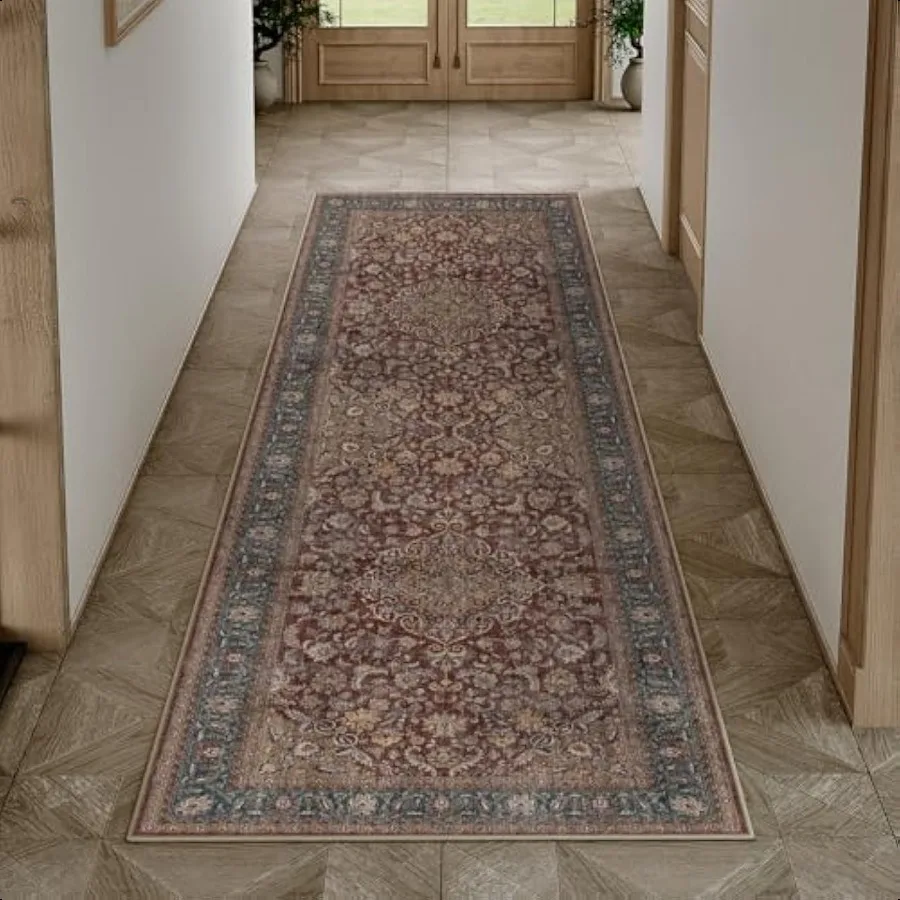 

2x6 Washable Rust Vintage Runner Rug for Kitchen Hallway NonSlip Low Pile Soft Thin Carpet Traditional Retro Distressed Accent