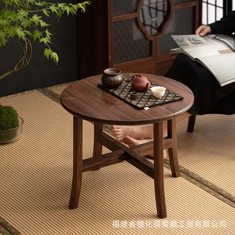 Walnut Round Folding Table Portable Half Moon Coffee Table for Balcony Bay Window Living Room Tatami Tea Room Outdoor Use