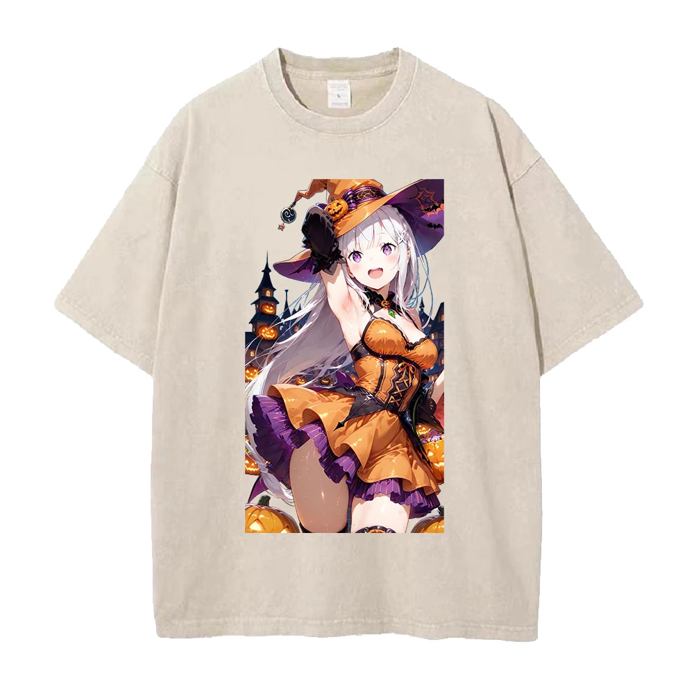 Emilia Halloween Kawaii Printed Tee Anime Re ZERO Clothing Men Women Washed T-shirts Short Sleeve Tshirt Unisex Cotton T Shirt