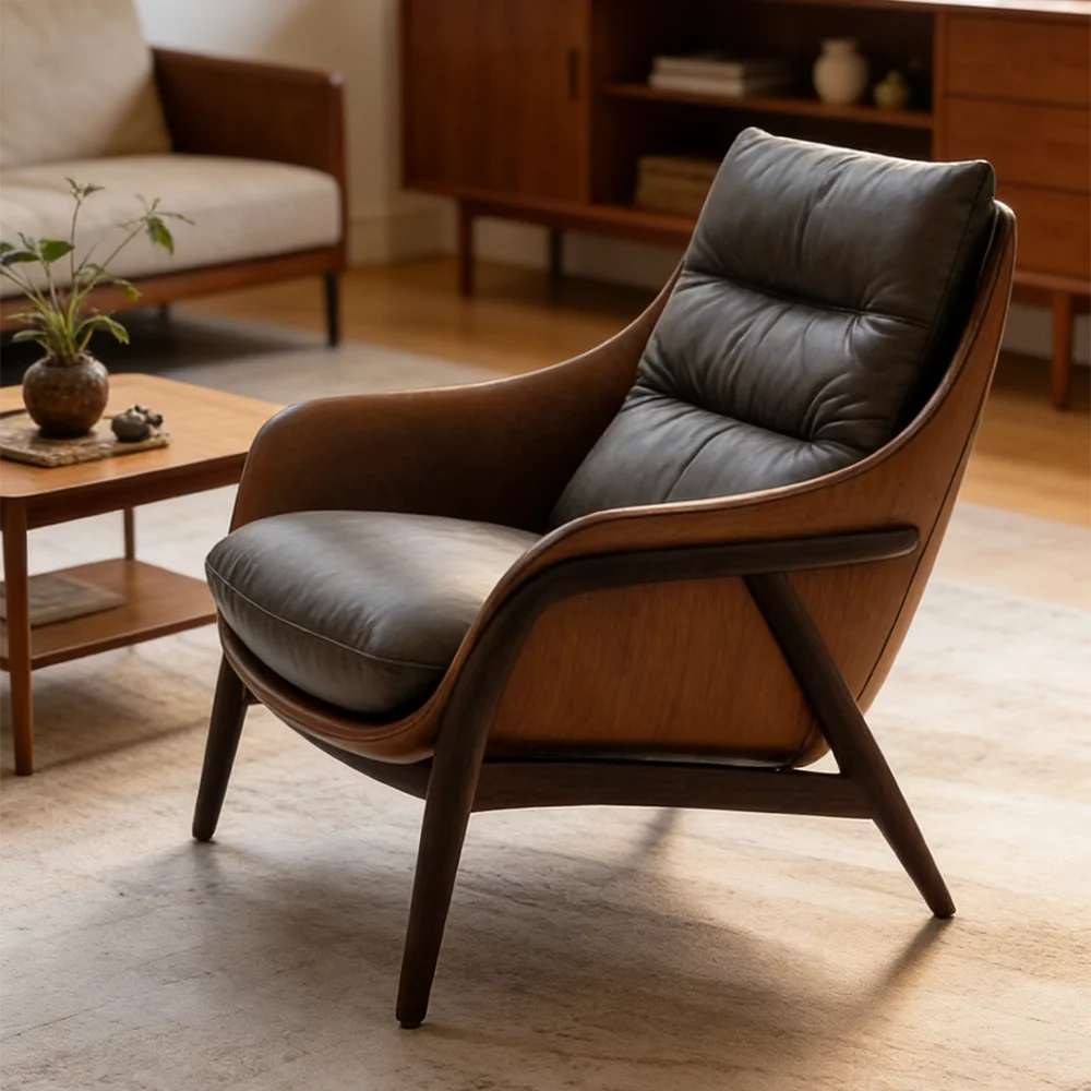 

#Modern Two-Tone Leather Lounge Chair: Solid Wood Frame Plush Accent Seat For Living Room