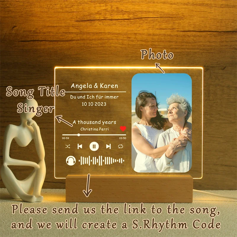 Custom Song Acrylic Plaque,Personalized Photo Frame,Podcast Code Night light Lamp,Playlist Streaming,Gift for Couple