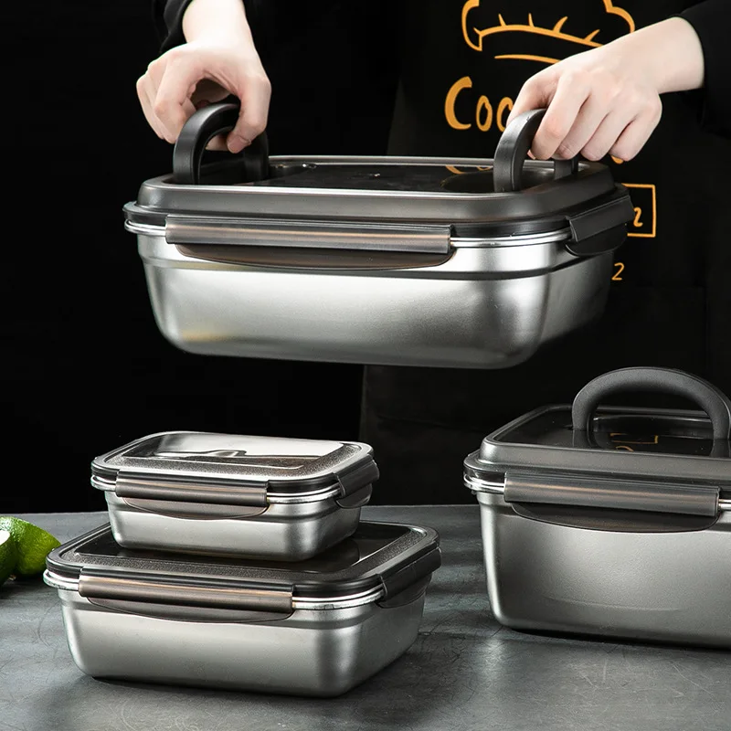 Large Capacity Stainless Steel Fresh-keeping Box with Lid Handle Sealed Refrigerator Food Storage Containers Kitchen Organizer