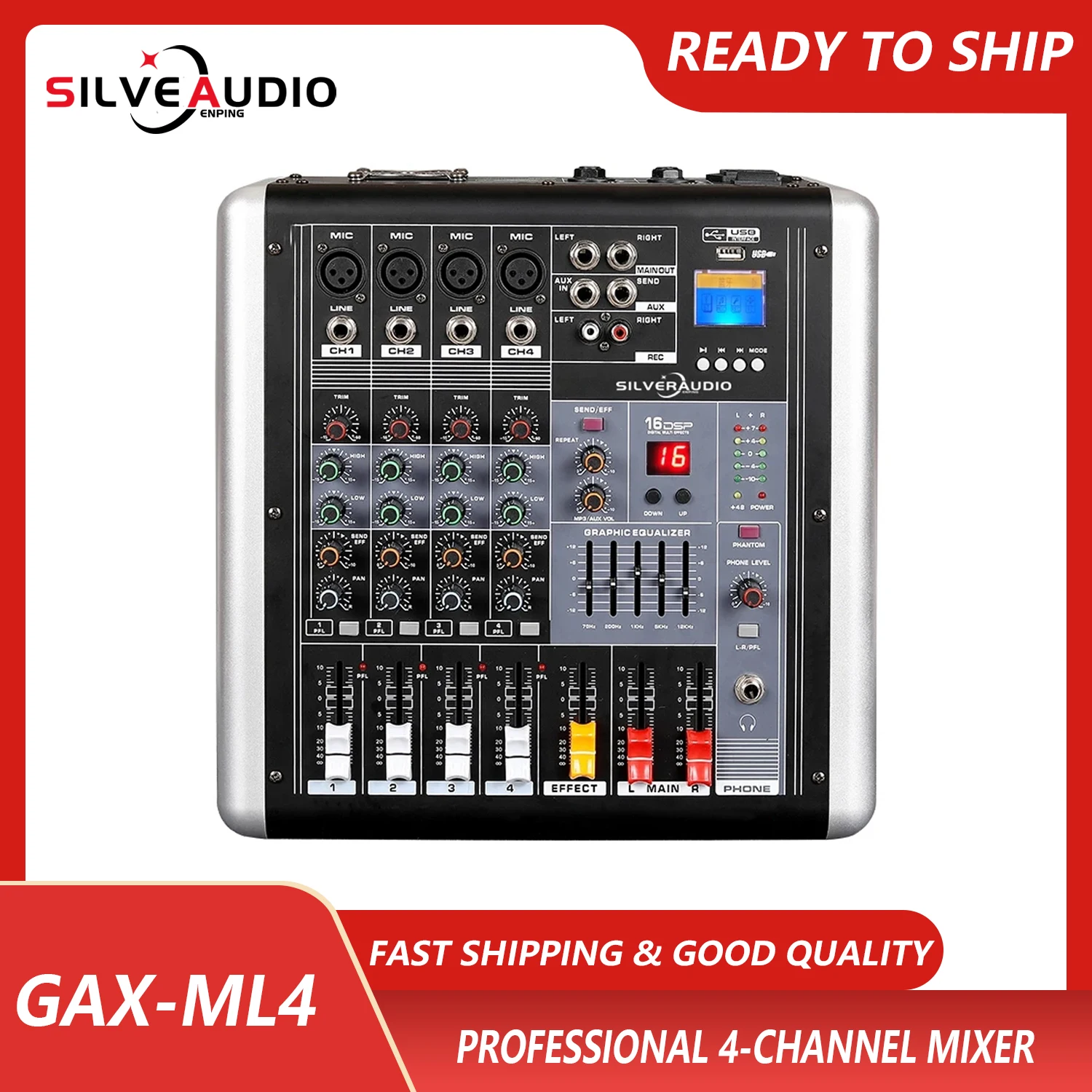 GAX-ML4 Professional 4-Channel Audio Mixer Powerful 16 DPS Effect Blueteeth DJ Audio Mixer With USB Switch For Karaoke Stage KTV