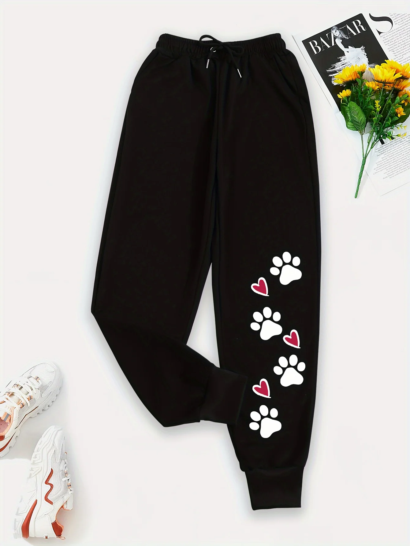 Kawaii Cat Paw Print Slant Pocket Elastic Waist Women\'s Pants Drawstring Loose Long Pant Fashion Casual Female Sports Sweatpants