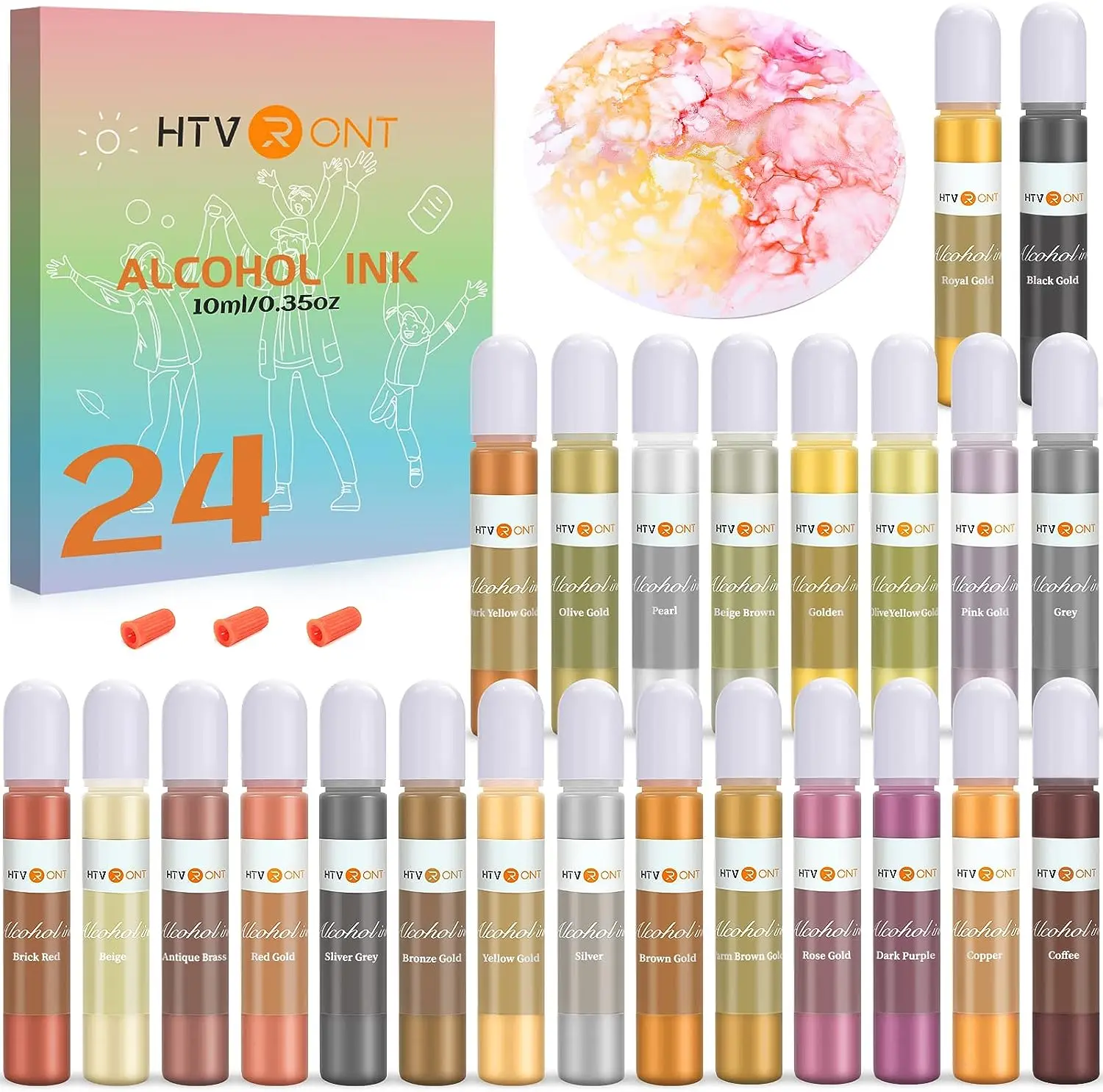 HTVRONT 24 Colors 10ML Metallic Alcohol Ink Set Resin Pigment Kit Liquid Resin Colorant Dye Ink Diffusion UV Epoxy Resin Making