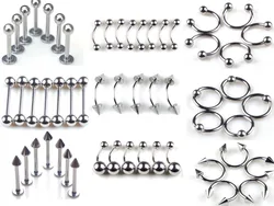 45PCS Surgical Steel Body Piercing Jewelry Lot Bulk Nose Ring Tongue Bar Lot Eyebrow Labret Piercing Set